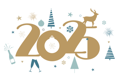 Lustige Neujahrskarte 2025 mit Weihnachtsbäume und rentier