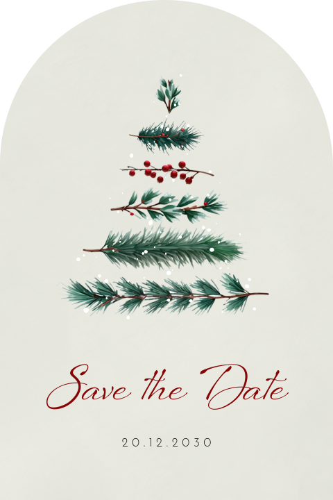 Weihnachtliche Save the Date Karte mit Tannenbaum und Schneeflockene