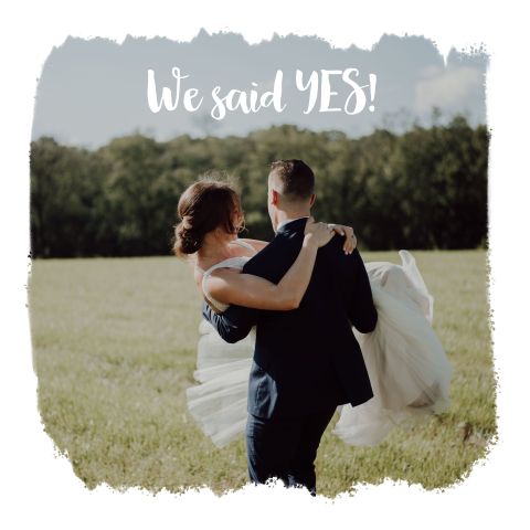 Wir haben geheiratet-Karte mit Hochzeitsfoto und weißen Rahmen