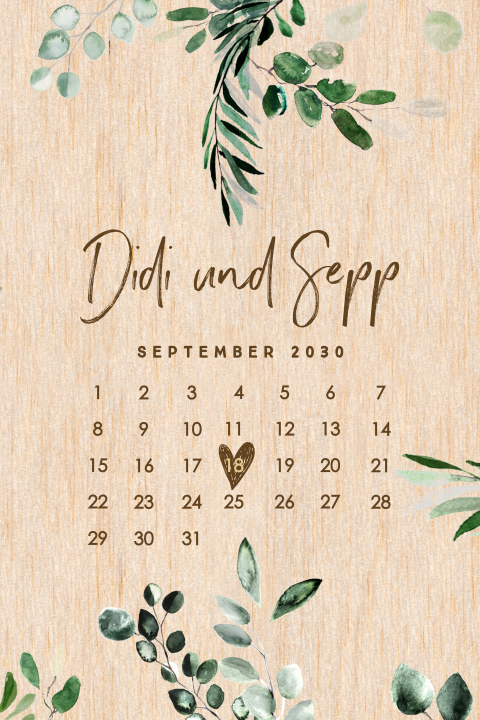Hochzeitskarte auf Holz mit Aquarell Blumenrand und Kalender