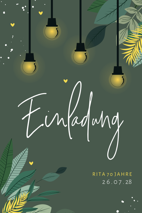 Einladung zur 70 Jahre Gartenparty mit Blättern und Lampen