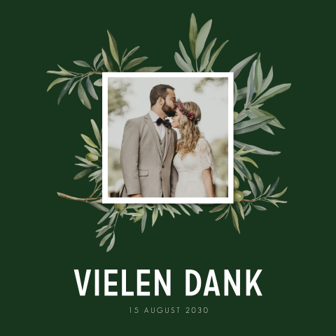 Dankeskarte in dunkelgrün mit Olivenzweigen und Foto