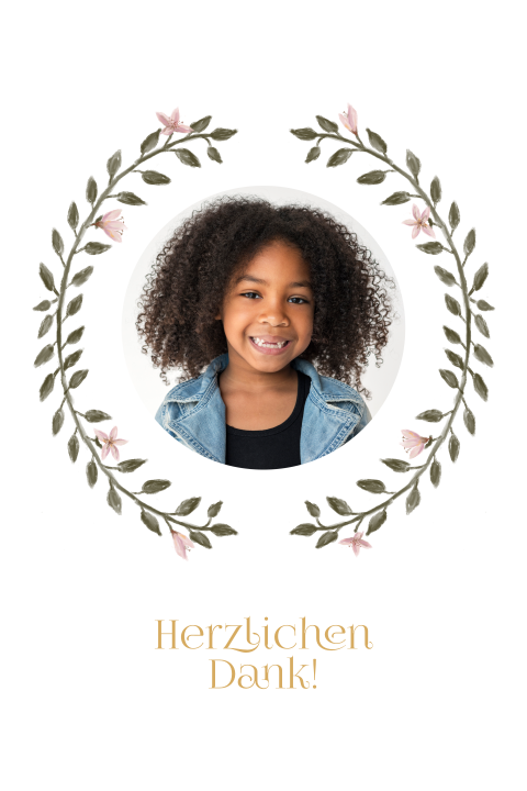 Dankeskarte zur Kommunion mit Foto und Zweigen im Hochformat