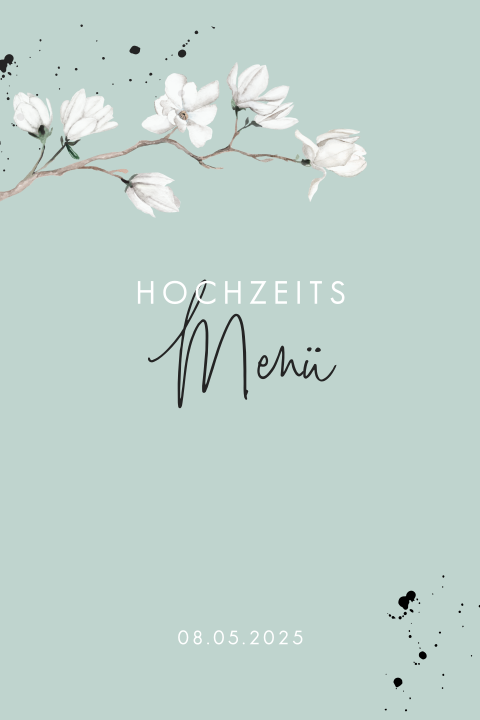 Hellblaue Menükarte mit weißen Blüten und Farbklecksen