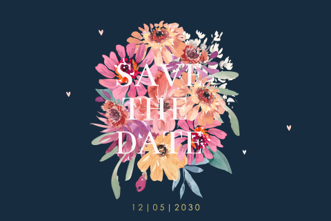 Save the date Karte mit bunten Blumen auf dunkelblau