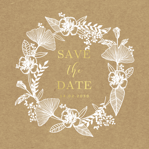 Save the Date Karte mit weißem Blumenkranz und Kraftpapier-Look