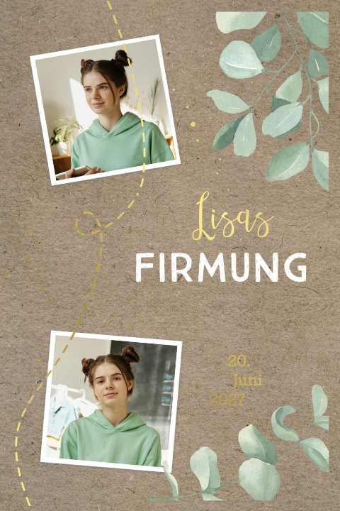 Einladung zur Firmung im Kraft-Look mit Goldfolie und Fotos