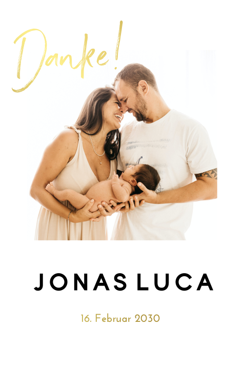 Dankeskarte zur Geburt mit Foto und edeler Goldfolie