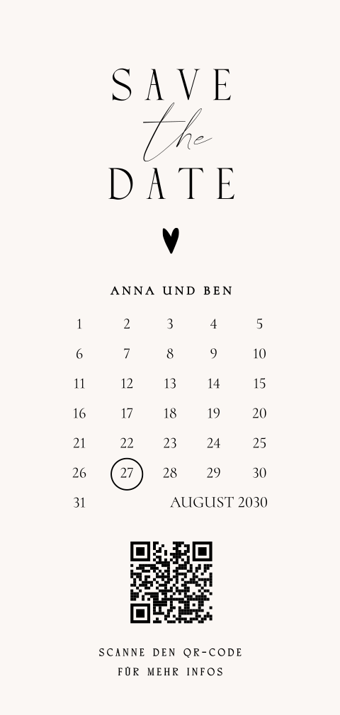 Save the Date Karte mit klassischer Typografie und Kalender