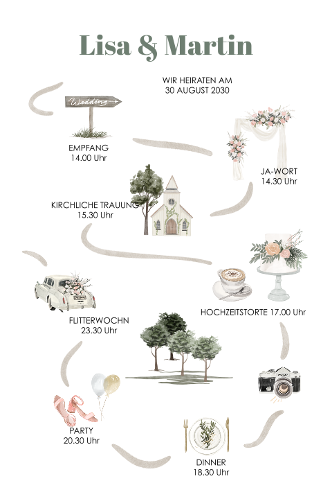 Originelle Hochzeitseinladung mit Tagesablauf als Route