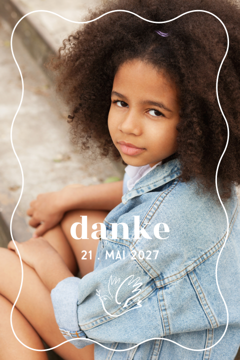 Dankeskarte Kommunion mit Foto und pinker und oranger Schrift