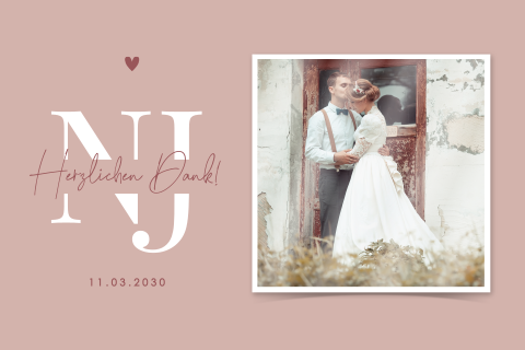 Rosa Dankeskarte nach der Hochzeit mit Foto und Herz