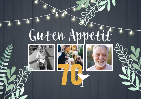 Tischset für 70. Geburtstag mit Fotos, Lichterketten und Zweigen