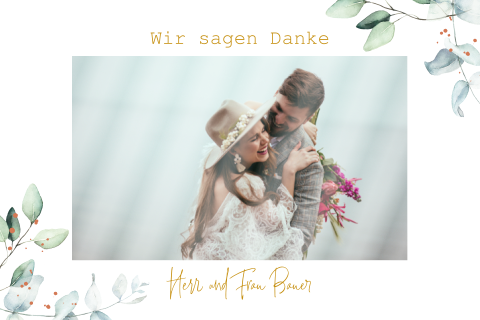 Doppelseitige Hochzeitsdanksagungskarte mit Foto und Zweigen