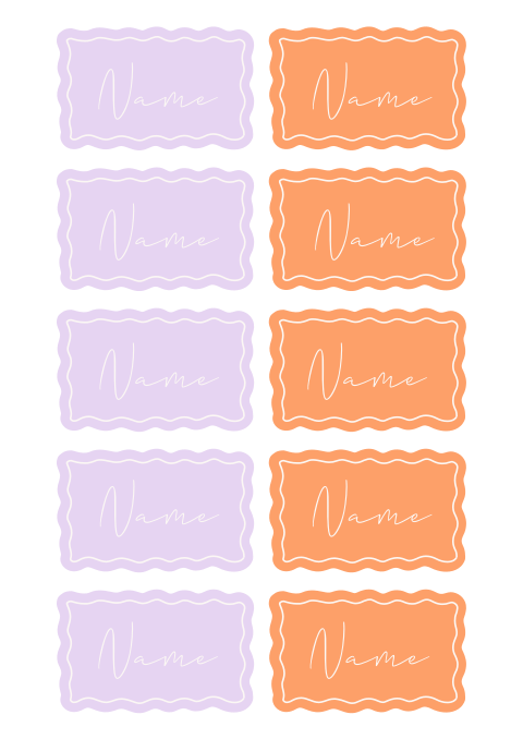 Sommerliche Namenskarten Orange & Flieder mit welligem Rand | 5x8 CM