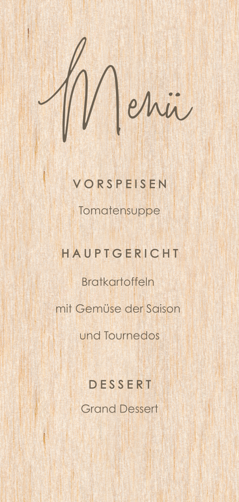 Menükarte zur Konfirmation auf Holz