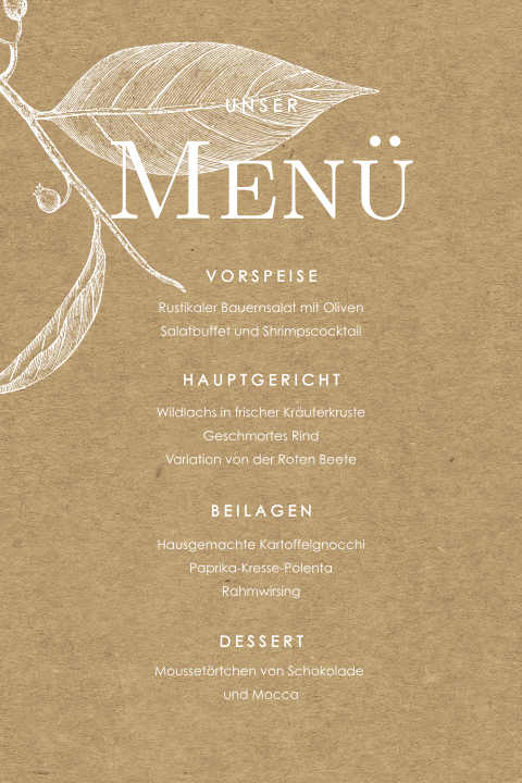 Menükarte mit weißen Blumen in Kraft-Look