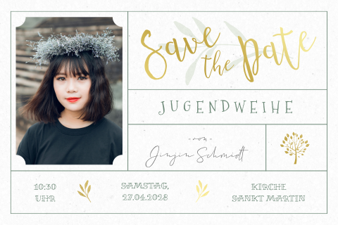 Save my date Jugendweihe-Einladung Ticketform mit Goldfolie