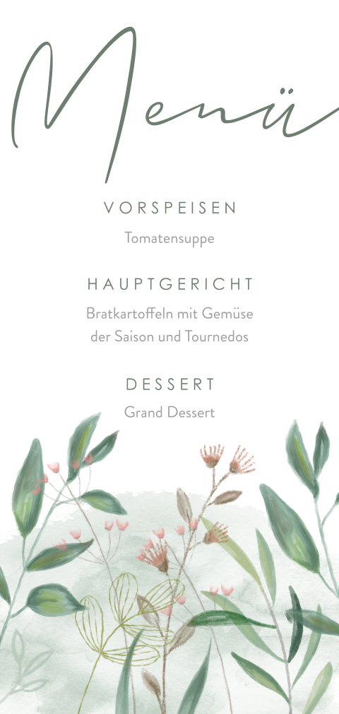 Menükarte mit Blümchen und Zweigen im länglichen Hochformat
