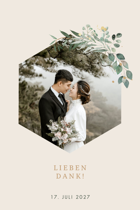 Dankeskarte mit hellem Hintergrund, Zweigen und Foto in Hexagon Form