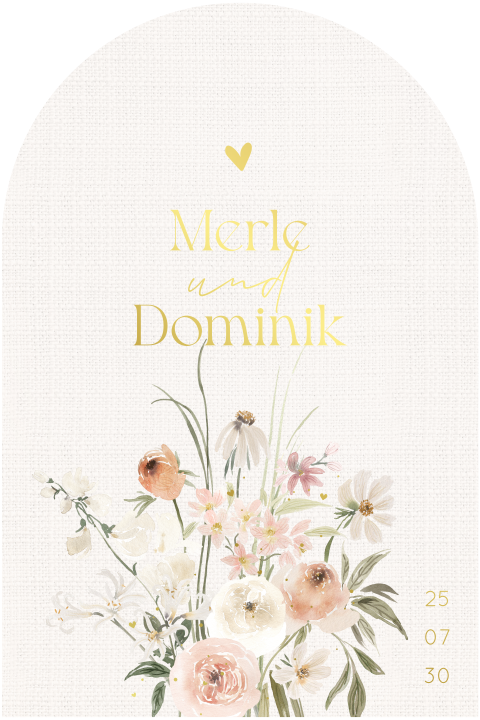 Romantische Hochzeitskarte in Bogenform mit Blumen und Goldfolie