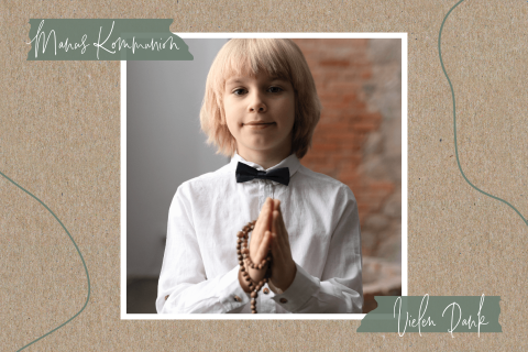 Dankeskarte  zur Kommunion im  Kraftlook mit  grünen Linien und Foto