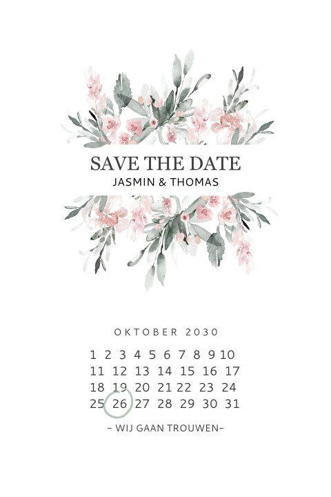 Florale Save the Date mit rosa Blüten und Kalender