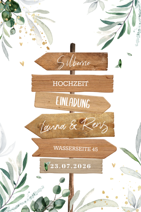 Einladung zur Silbernen Hochzeit mit Wegweiser und Eukalyptus