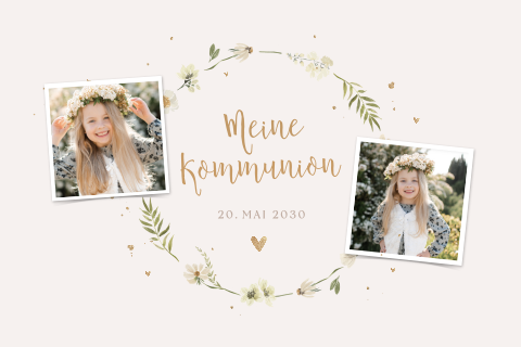 Süße Einladung zur Kommunion mit Blumenkranz und Fotos