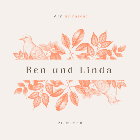 Farbenfrohe Einladung zur Hochzeit mit Blättern und Tauben