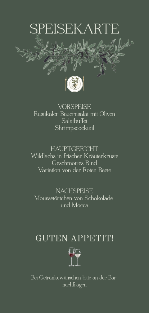 Stilvolle Speisekarte zur Hochzeit mit Zweigen und Initialien