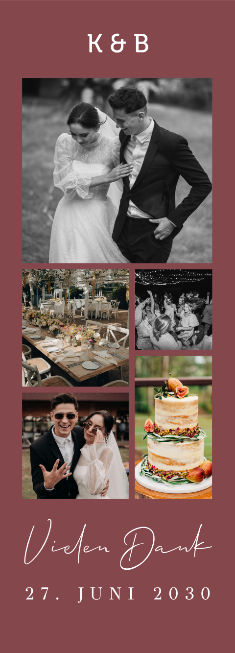 Dankeskarte zur Hochzeit magnetisch mit rotem Hintergrund und Fotos