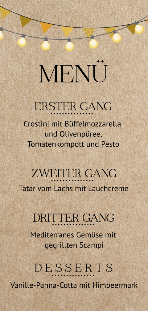 Trendige Menükarte mit Lichterkette