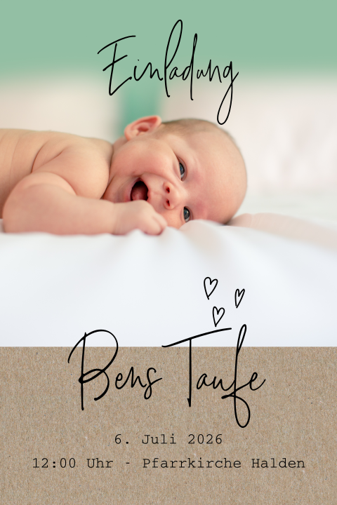 Kraftlook Einladung zur Taufe mit Foto und Herzchen einfach