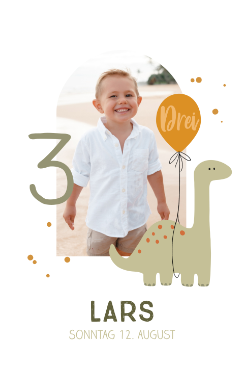 Hübsche Einladung zum 3. Geburtstag mit niedlichem Dino