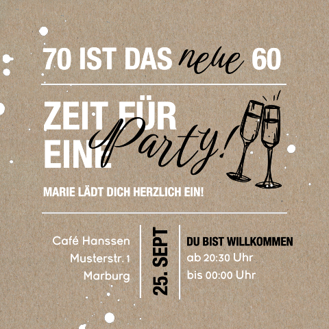 Kraftpapier-Einladung zum 70. Geburtstag mit Champagnergläsern
