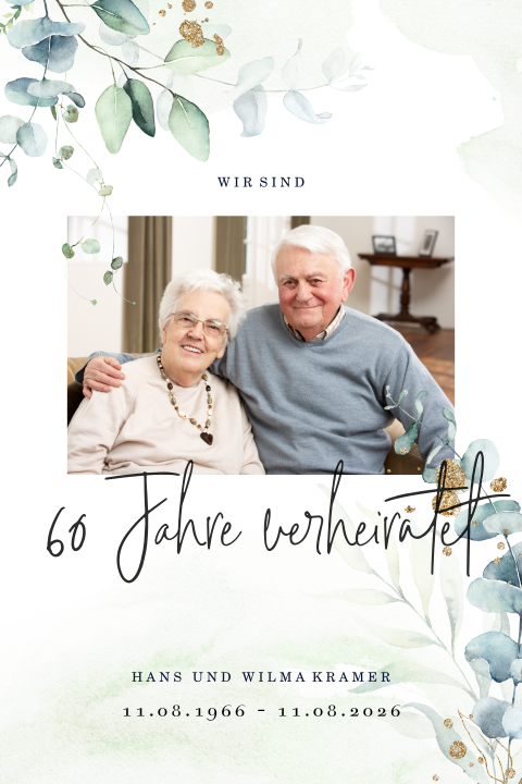 Klassische Einladung zur diamantenen Hochzeit mit Zweigen und Foto