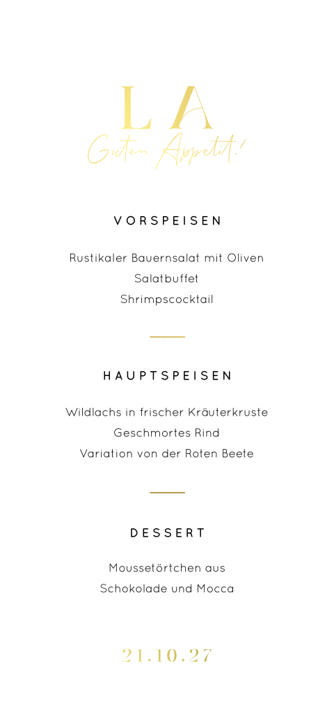 Menükarte in Bogenform mit Goldfolie Elementen 