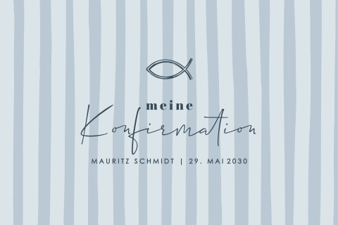 Graue Konfirmationseinladung mit Streifen und Ichthys-Symbol