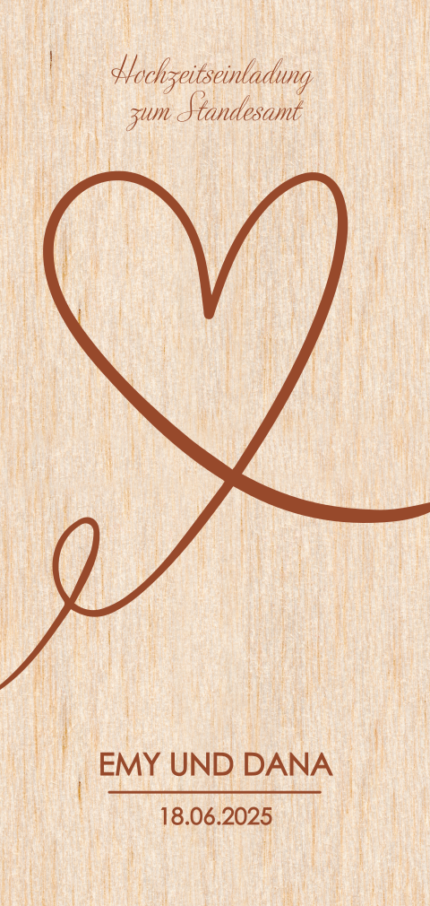 Hochformat Einladung Standesamt aus Holz mit romantischem Herz