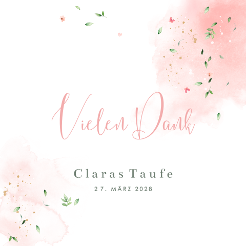 Dankeskarte zur Taufe in weiss, grün und rosa mit abgerundeten Ecken