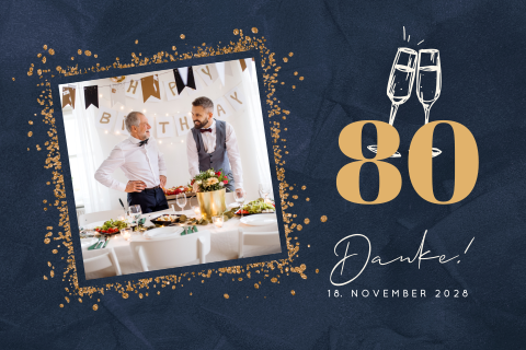 Danksagung zum 80. Geburtstag mit Goldsprenkeln und Foto