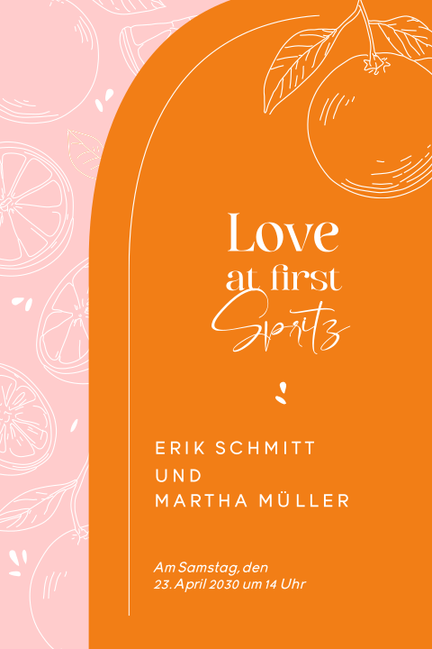 Sommerliche Einladung zur Hochzeit mit Bogenformen und Orangen