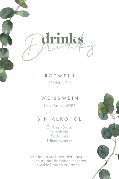 Schlichte Getränkekarte mit grünen Zweigen