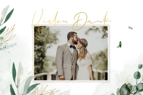 Dankeskarte mit Goldfolie, Zweige in Aquarellfarbe und Foto