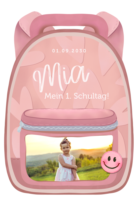 Einladung zur Einschulung als pinker Rucksack mit Smiley und Foto