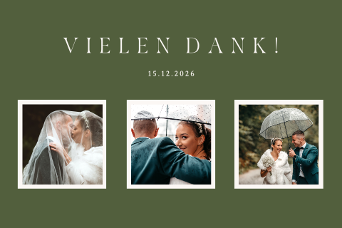 Dankeskarte Hochzeit in sattem dunkelgrün mit 3 Fotos