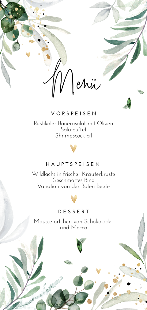Florale Menükarte mit Blättern, Herzen und Farbklecksen