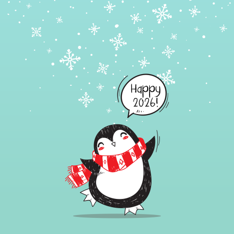 Frohe Neujahrskarte mit tanzenden Pinguin