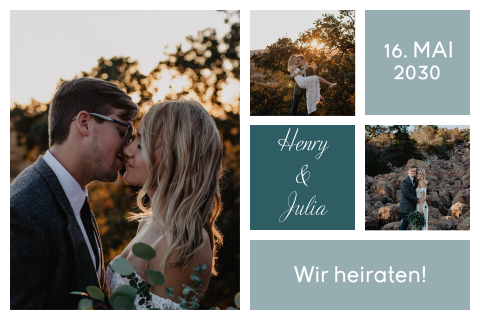 Schöne Hochzeitseinladung mit graublauen Farbflächen und Fotos